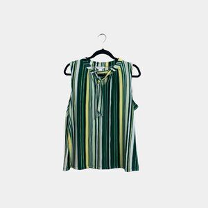Liz Claiborne Green Yellow Black White Striped Sleeveless Blouse with Tie Front
